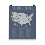 National Park Bucket List Map Poster Blue | All 63 Parks | Updated 2021 |
